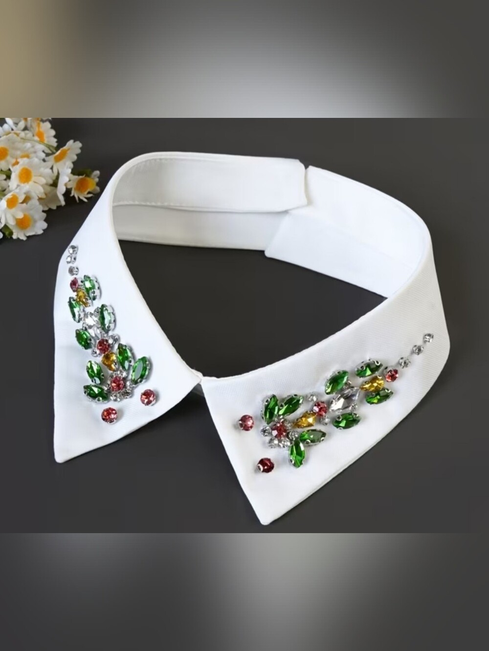 Embellished White Detachable Collar with Green & Pink Gem Accents